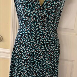 Diane Von Furstenberg Teal and Black Leaf Print Dress